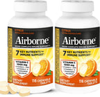 Airborne 1000mg Vitamina C + Zinc Complemento Alimenticio, Comprimidos Masticables Sabor Cítricos, 116 Comprimidos (2 Envases)