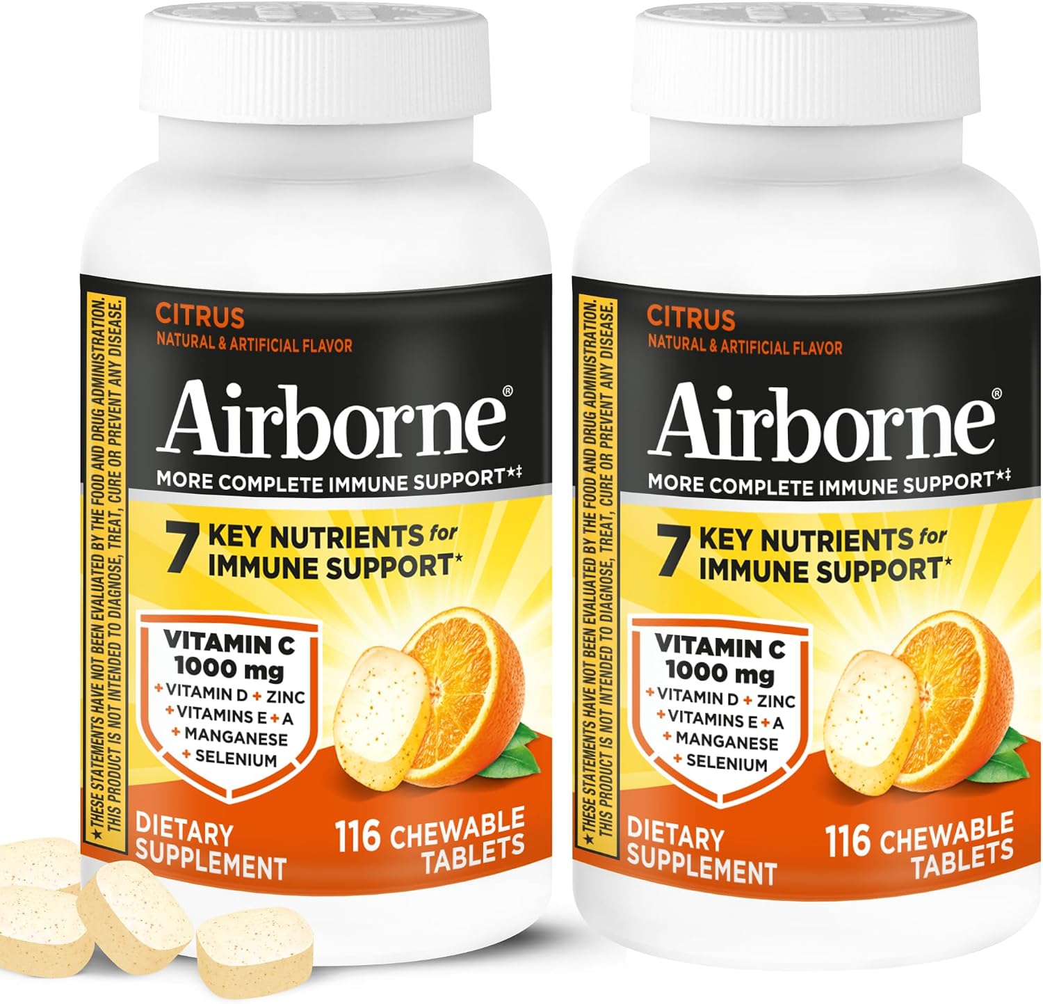Airborne 1000mg Vitamina C + Zinc Complemento Alimenticio, Comprimidos Masticables Sabor Cítricos, 116 Comprimidos (2 Envases)