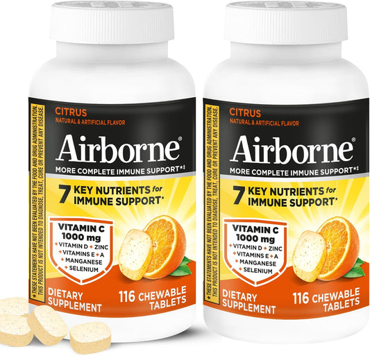 Airborne 1000mg Vitamina C + Zinc Complemento Alimenticio, Comprimidos Masticables Sabor Cítricos, 116 Comprimidos (2 Envases)