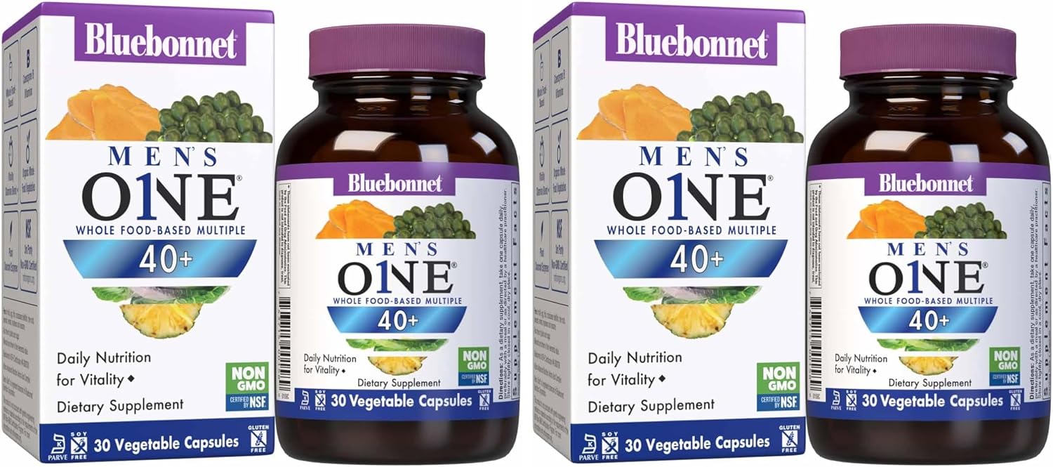 BlueBonnet Nutrition Men's ONE 40+ Multivitamínico para Hombres - Base de Alimentos Integrales, Sin Soja, No GMO, Sin Gluten, 30 Cápsulas Vegetales