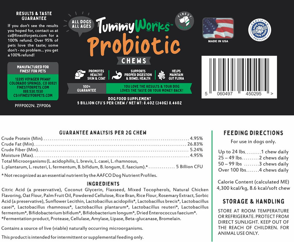 TummyWorks Probióticos para Perros - 120 Masticables Suaves para la Salud Digestiva, Intestinal, Inmunidad, Energía, Alergias, Piel y Pelaje - 10 Cepas, 5 mil millones de UFC con 6 Enzimas