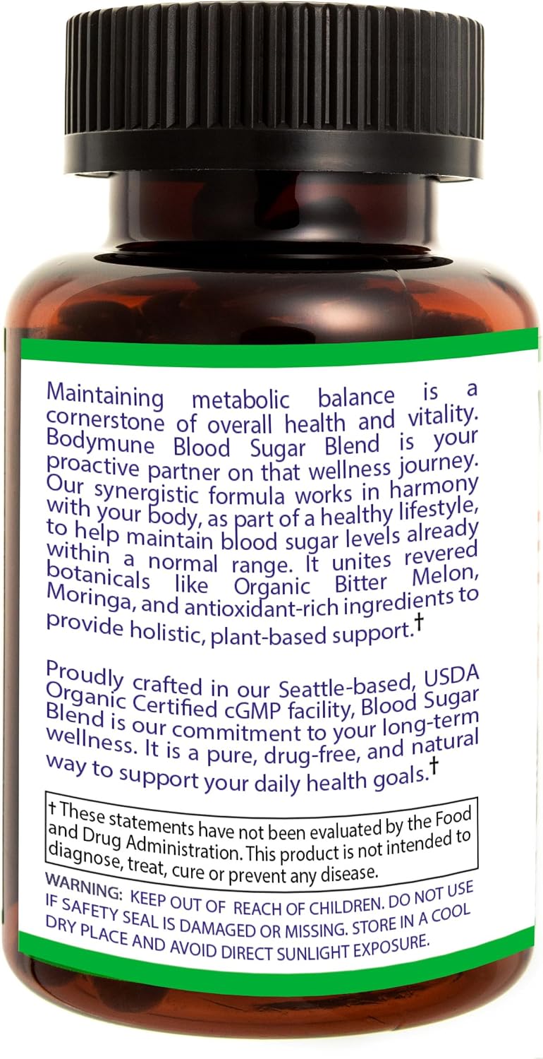 Bodymune Blood Sugar Blend – Suplemento orgánico de apoyo metabólico – con melón amargo, moringa y aceite de semilla negra – 66 cápsulas – USDA Orgánico, Vegano, No GMO
