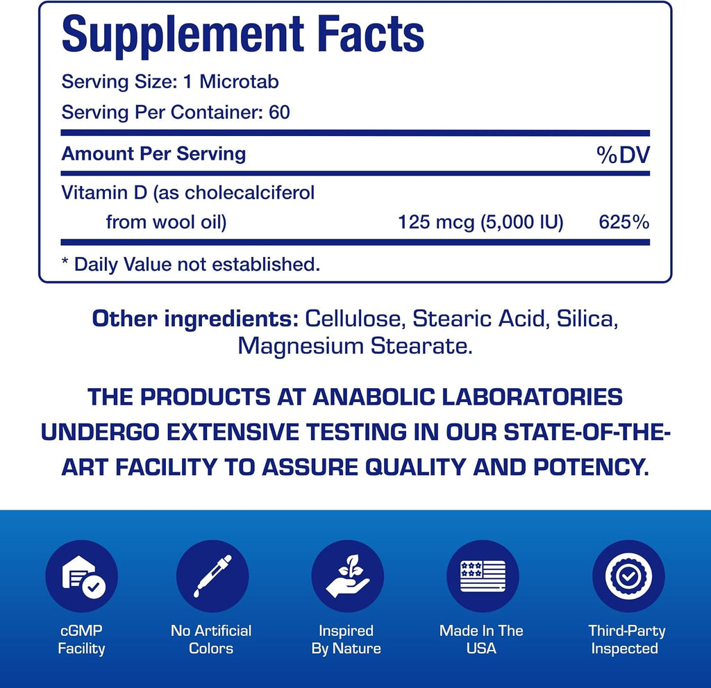 Anabolic Laboratories - Vitamina D3 5000 UI (125 mcg) - 60 Microcomprimidos Vegetarianos de Alta Absorción