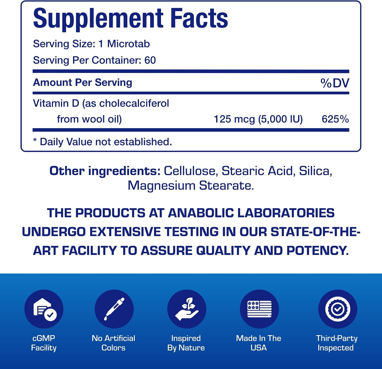 Anabolic Laboratories - Vitamina D3 5000 UI (125 mcg) - 60 Microcomprimidos Vegetarianos de Alta Absorción