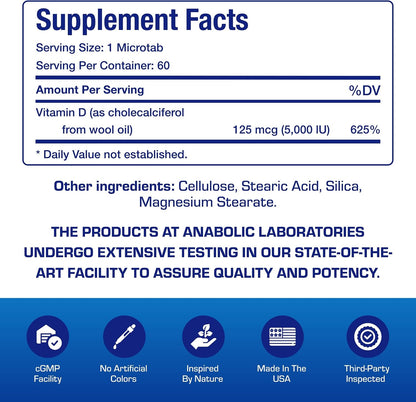Anabolic Laboratories - Vitamina D3 5000 UI (125 mcg) - 60 Microtabletas Vegetarianas de Alta Absorción – Image 7