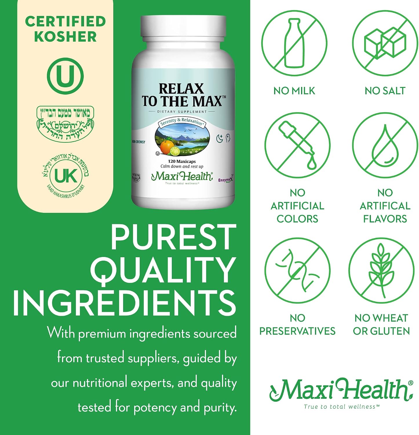 Relax to The Max de Maxi Health - 120 Cápsulas para Alivio del Estrés con Vitamina C, Calcio, L-Teanina y Aminoácidos