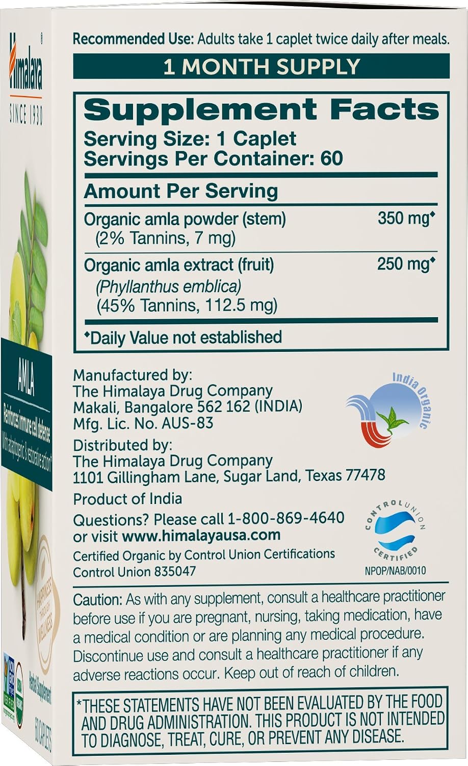 Himalaya Organic Amla 600 mg - 60 Caplets