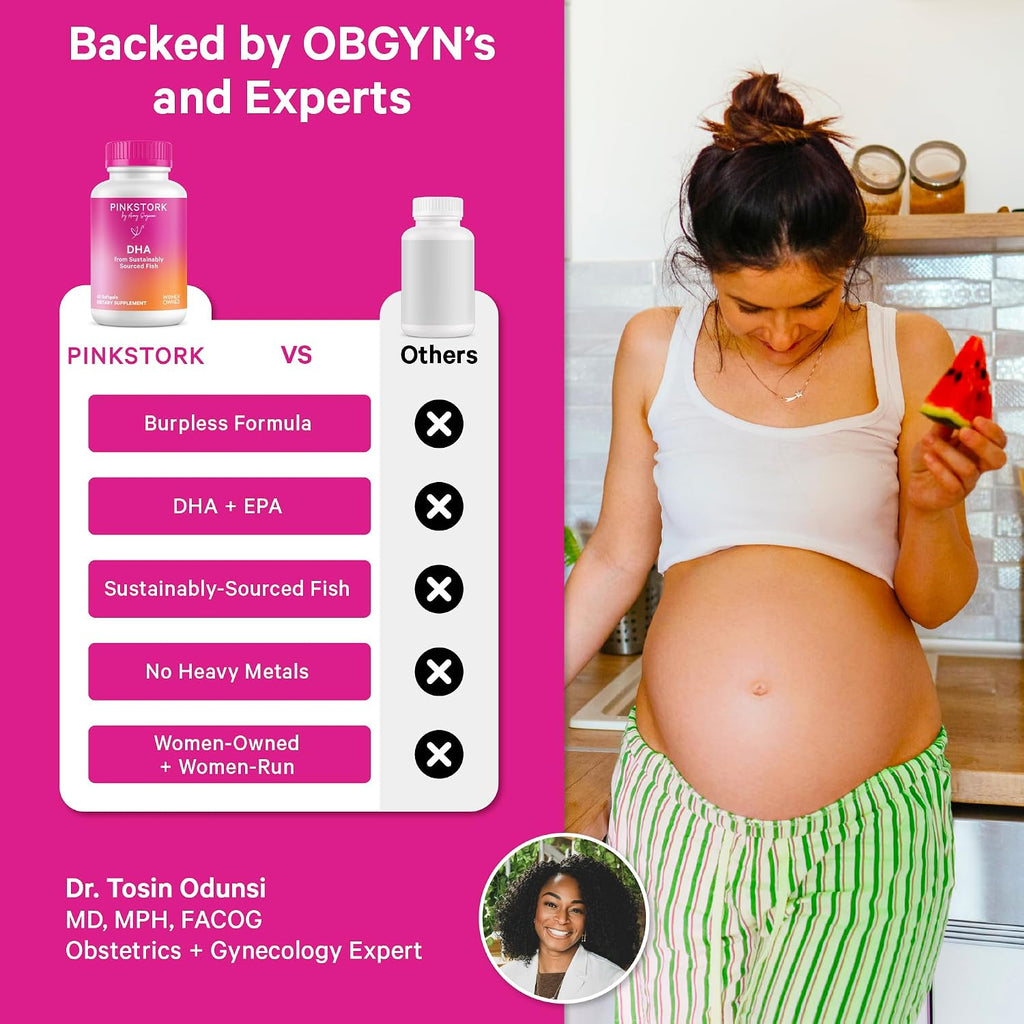 Pink Stork Omega-3 DHA - 540 mg de Aceite de Pescado con DHA y EPA, Suplemento Prenatal y Postparto para la Salud Cognitiva y el Desarrollo Fetal - 60 Cápsulas Blandas