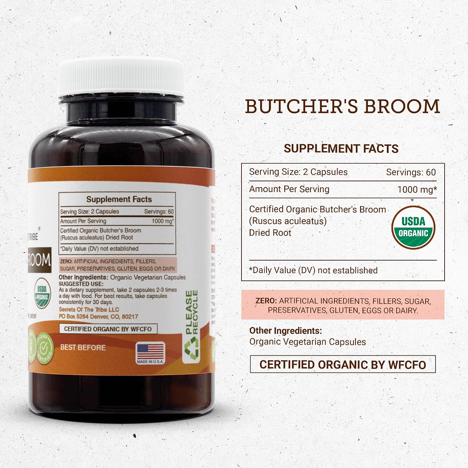 Secrets of the Tribe Escobón (Butcher's Broom) Ecológico Cápsulas Vegetales | Suplemento Alimenticio | Ruscus aculeatus Raíz Seca (120 Cápsulas)