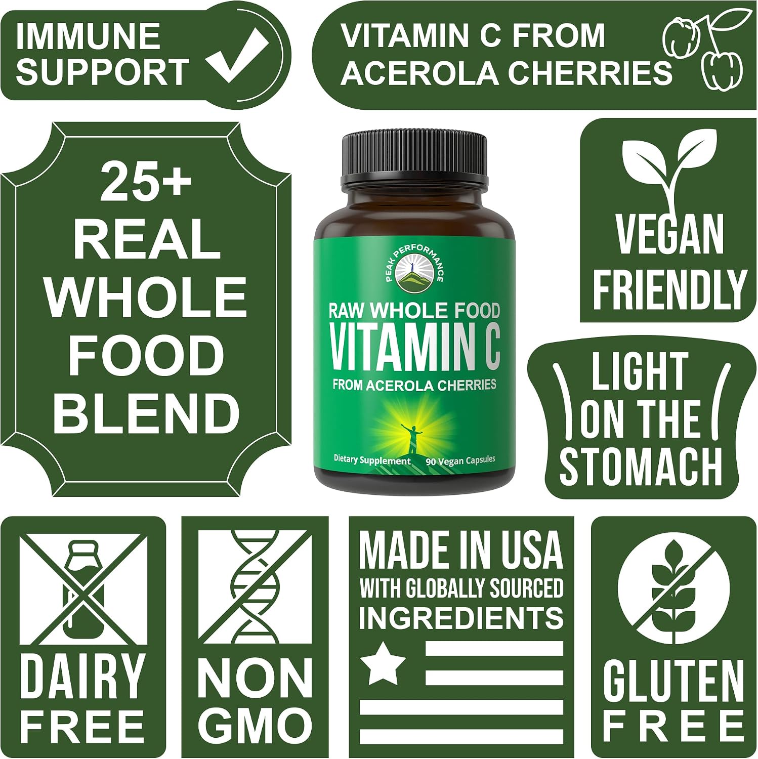 Peak Performance Cápsulas de Vitamina C Natural de Acerola - 90 Cápsulas, 500 mg por Toma