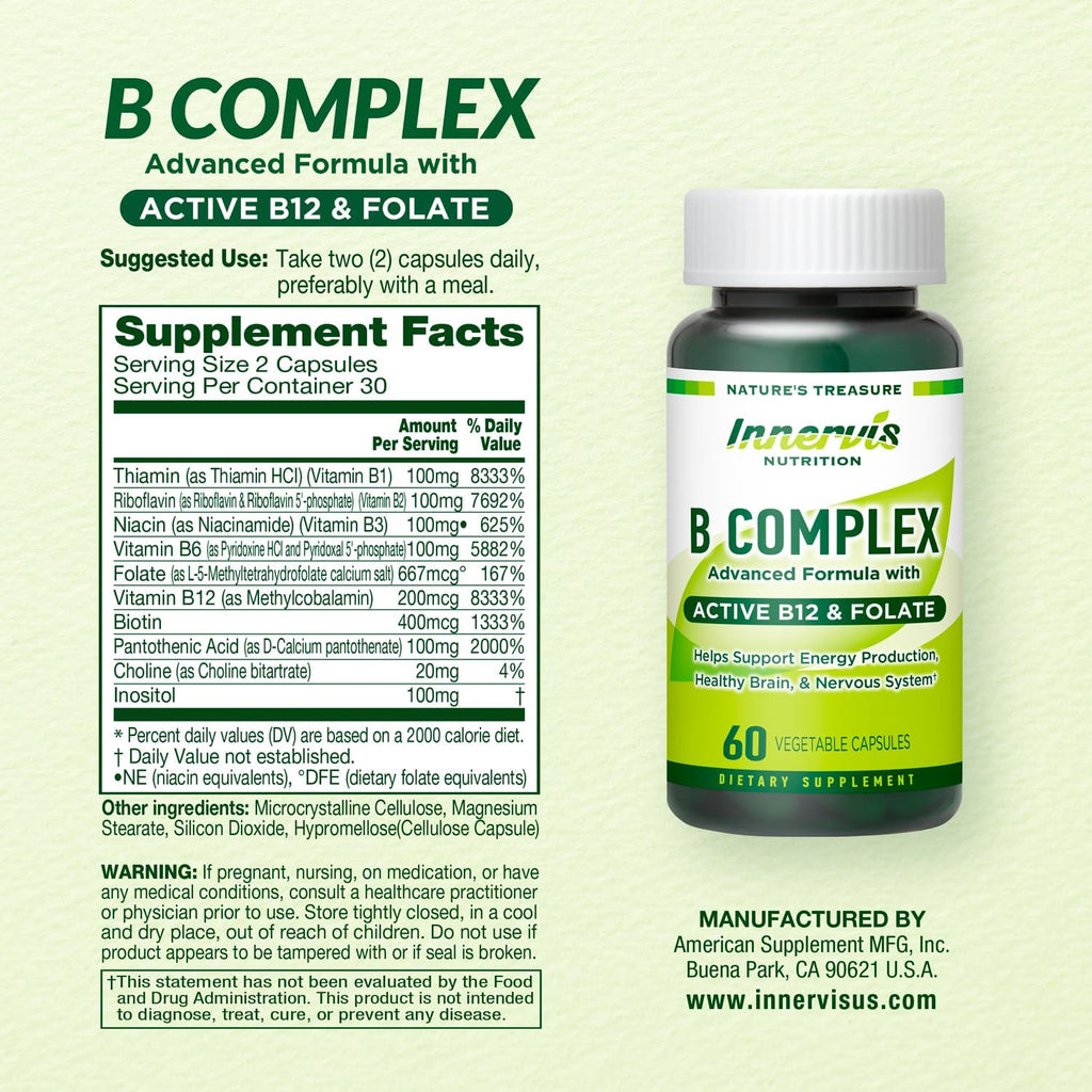 INNERVISNUTRITION Complejo B Bioactivo con B12 y Folato Activos – 60 Cápsulas Veganas