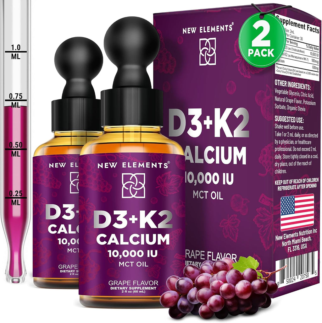 New Elements Gotas Líquidas de Vitamina D3 K2 con Calcio, 10.000 UI, 2 Envases