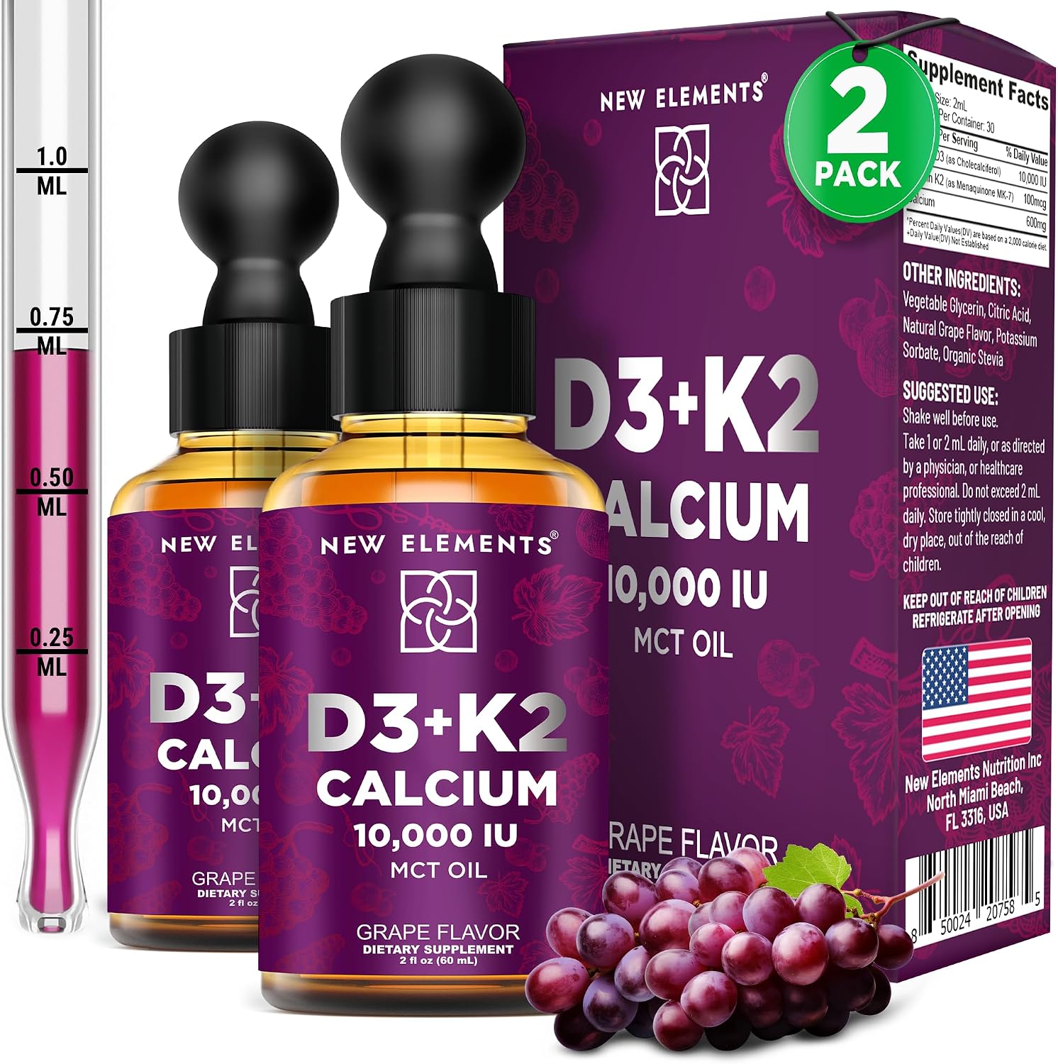 New Elements Gotas Líquidas de Vitamina D3 K2 con Calcio, 10.000 UI, 2 Envases