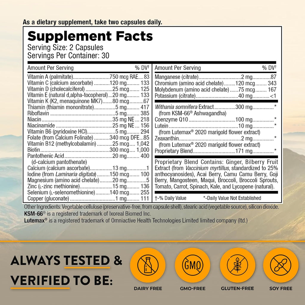 Mt. Angel Vitamins - Multivitamínico Diario para Hombres 50+ con Hierro, Calcio y KSM-66 Ashwaganda, 60 Cápsulas