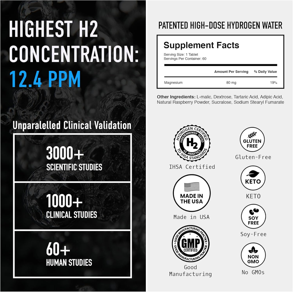 DRINK HRW Rejuvenation Tabletas de Agua con Hidrógeno Molecular: 12 ppm H2, Patentado, Fabricado en EE.UU., Certificado IHSA - Suplemento de Hidrógeno y Magnesio (Raspberry, 60 uds)