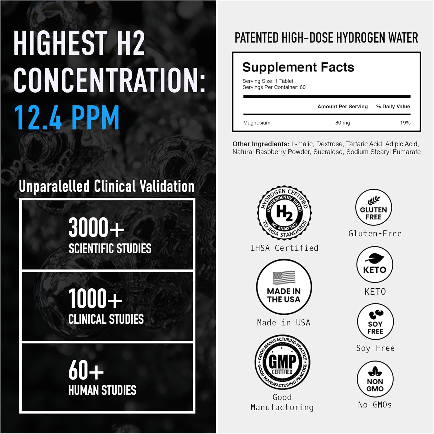 DRINK HRW Rejuvenation Tabletas de Agua con Hidrógeno Molecular: 12 ppm H2, Patentado, Fabricado en EE.UU., Certificado IHSA - Suplemento de Hidrógeno y Magnesio (Raspberry, 60 uds)