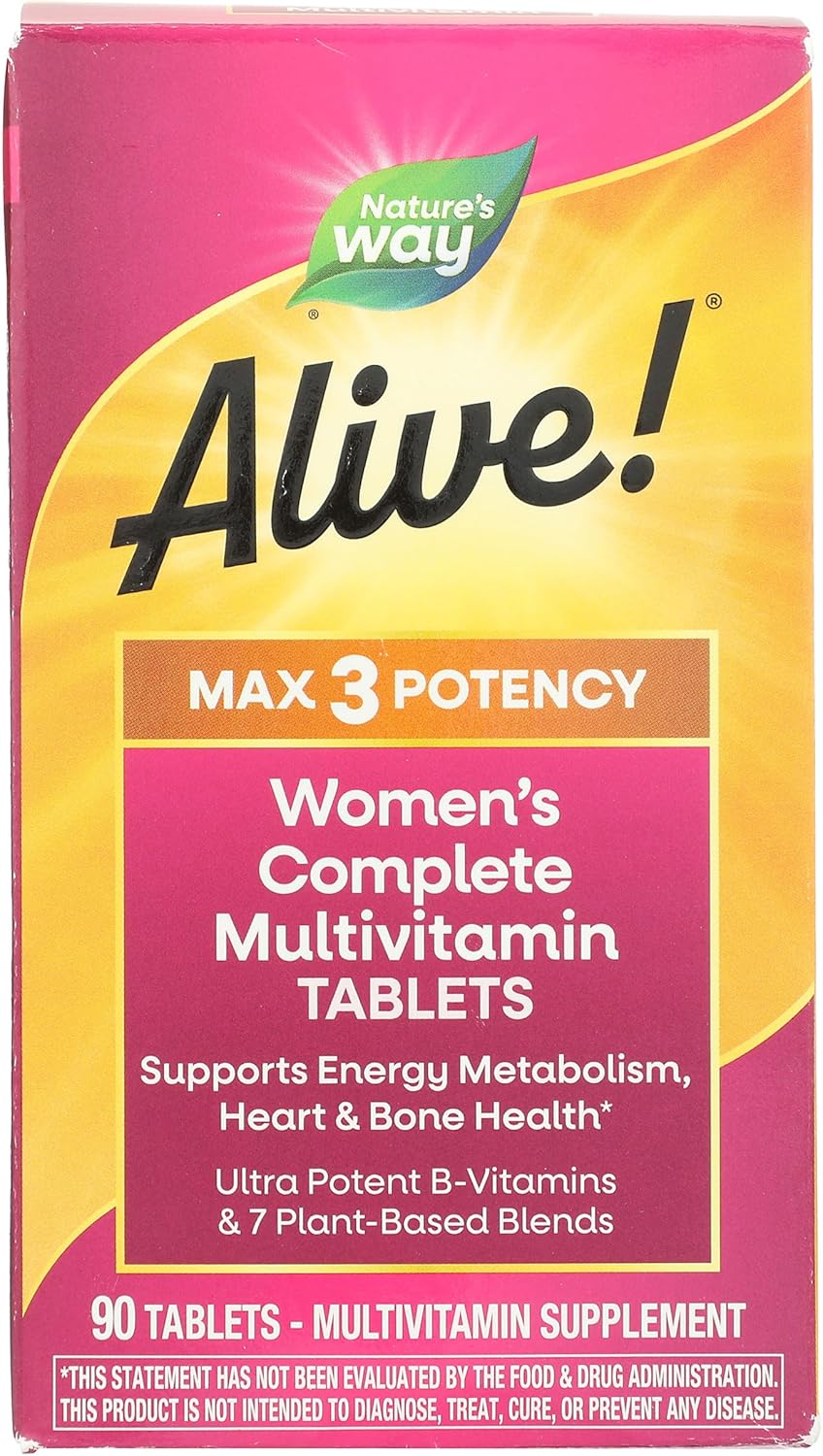 Nature's Way Alive! Max3 Potencia Mujer Multivitamínico Completo, Apoya el Metabolismo Energético, Salud del Corazón y Huesos, con Vitaminas B Metiladas, 90 Comprimidos