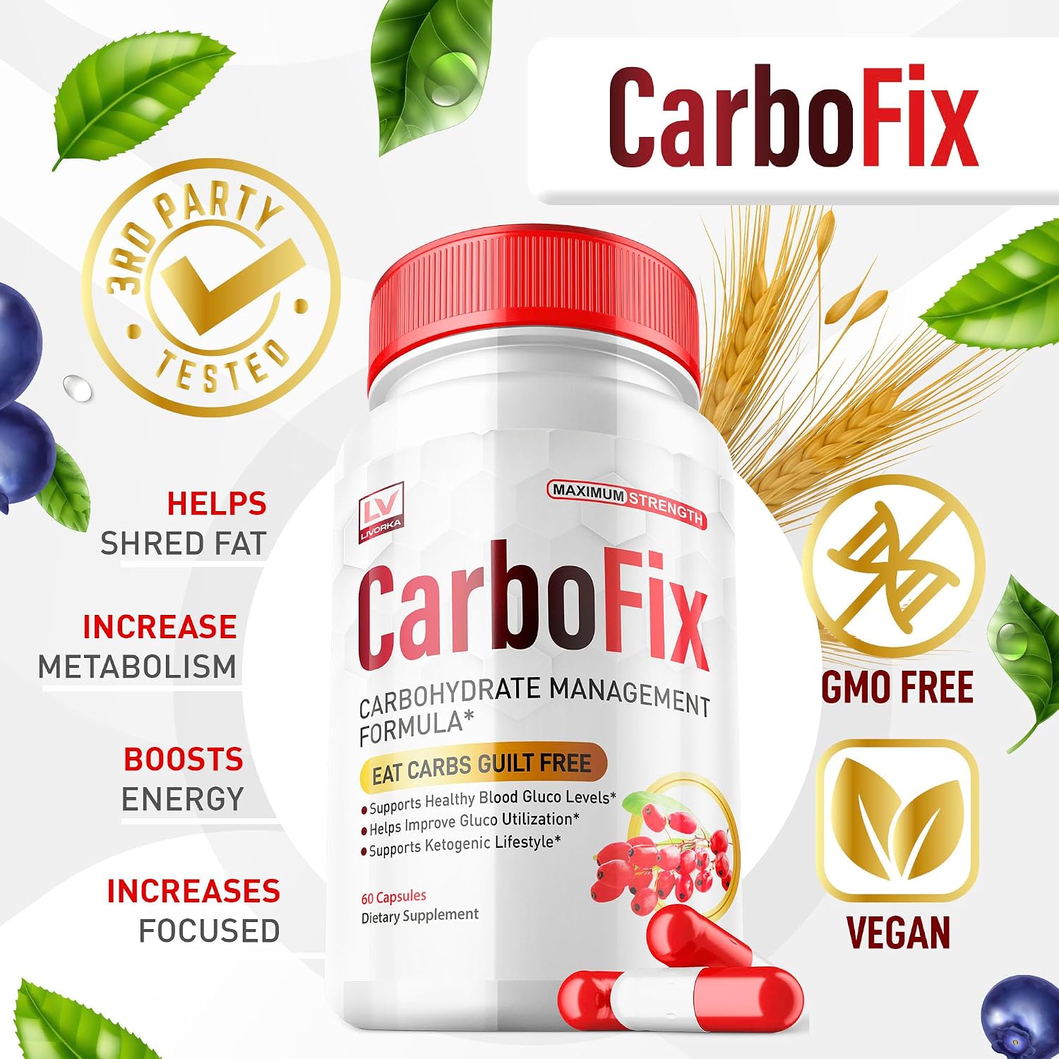5 Pack - Carbofix Pills, 60 Comprimidos por Frasco para 30 Días