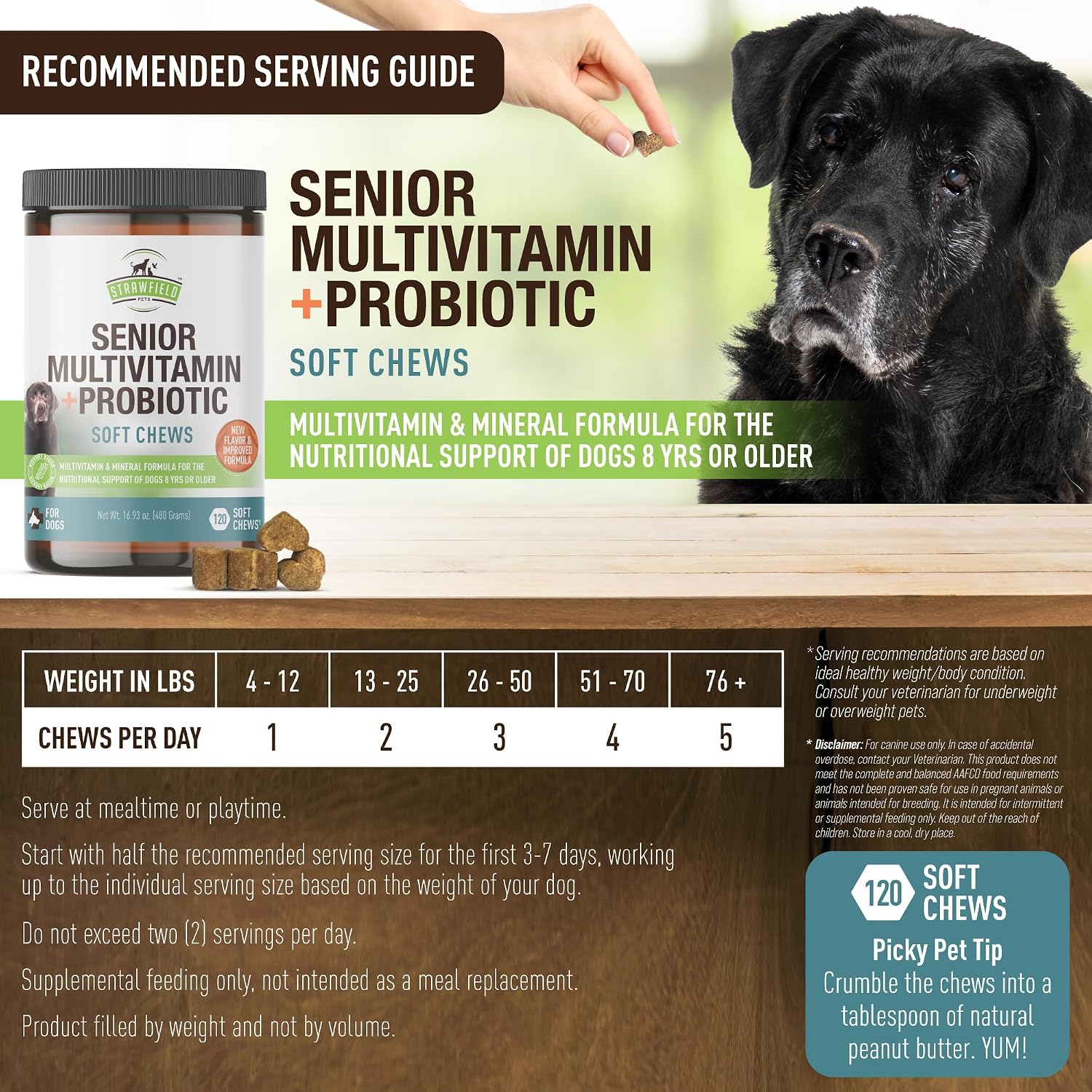 Strawfield Pets Multivitamínico Senior con Probióticos y Cardo Mariano para Perros, Sabor a Bacon, 120 Masticables Blandos