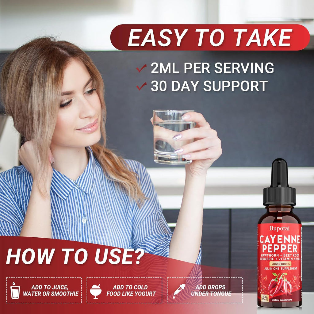 Buporai Gotas de Cayena, Extracto Líquido de Cayena para el Bienestar General, 60 ml, con Vitamina D3 K2 y Remolacha