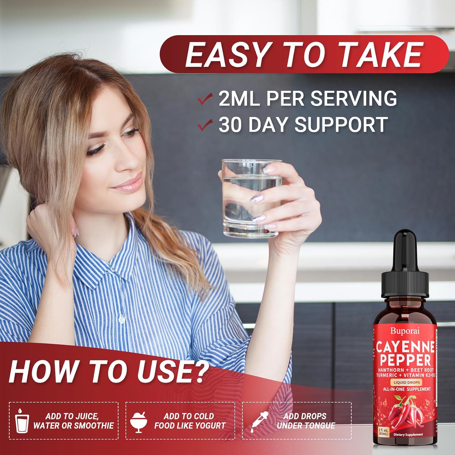 Buporai Gotas de Cayena, Extracto Líquido de Cayena para el Bienestar General, 60 ml, con Vitamina D3 K2 y Remolacha