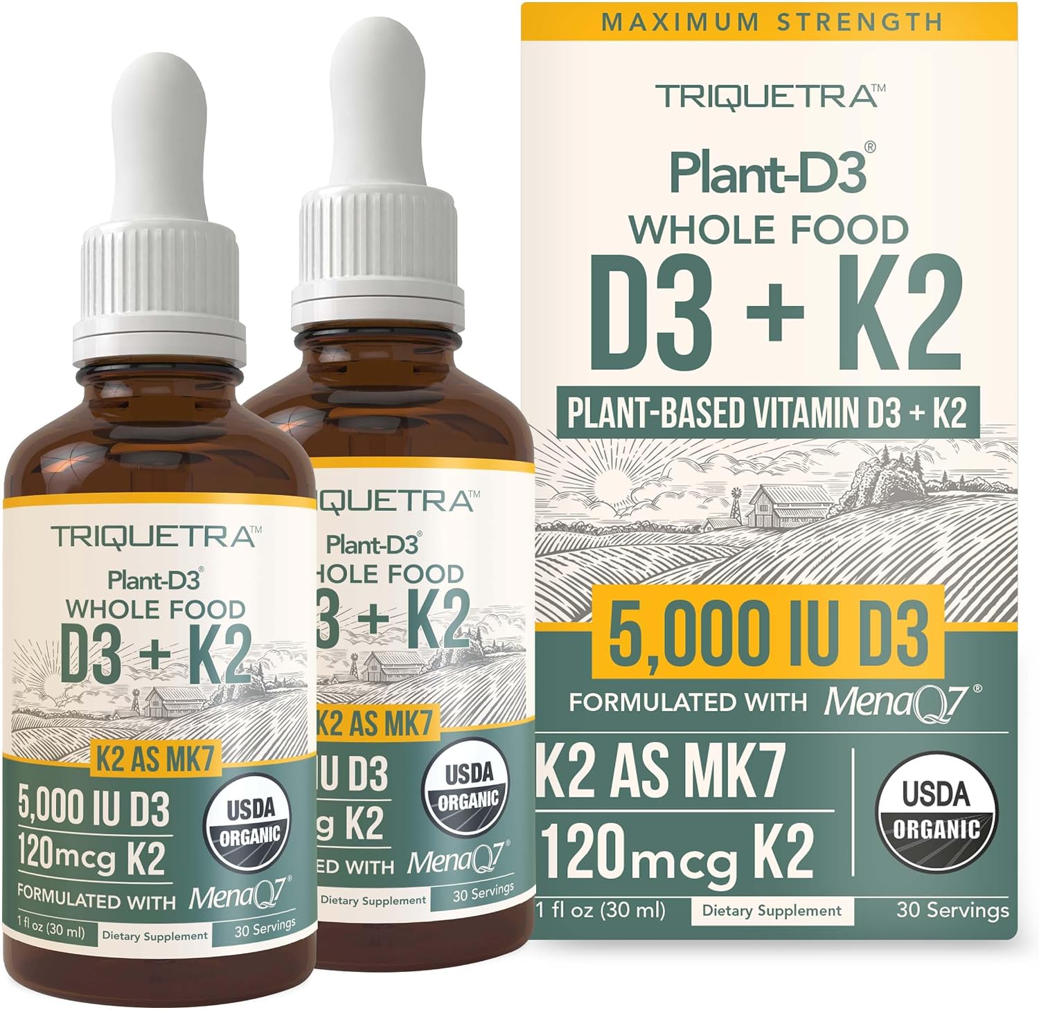 Organic Plant D3 + K2 (5000 UI D3) - All-Trans MK7 de MenaQ7 (120 mcg K2) - Gotas Sublinguales 100% Orgánicas y Veganas