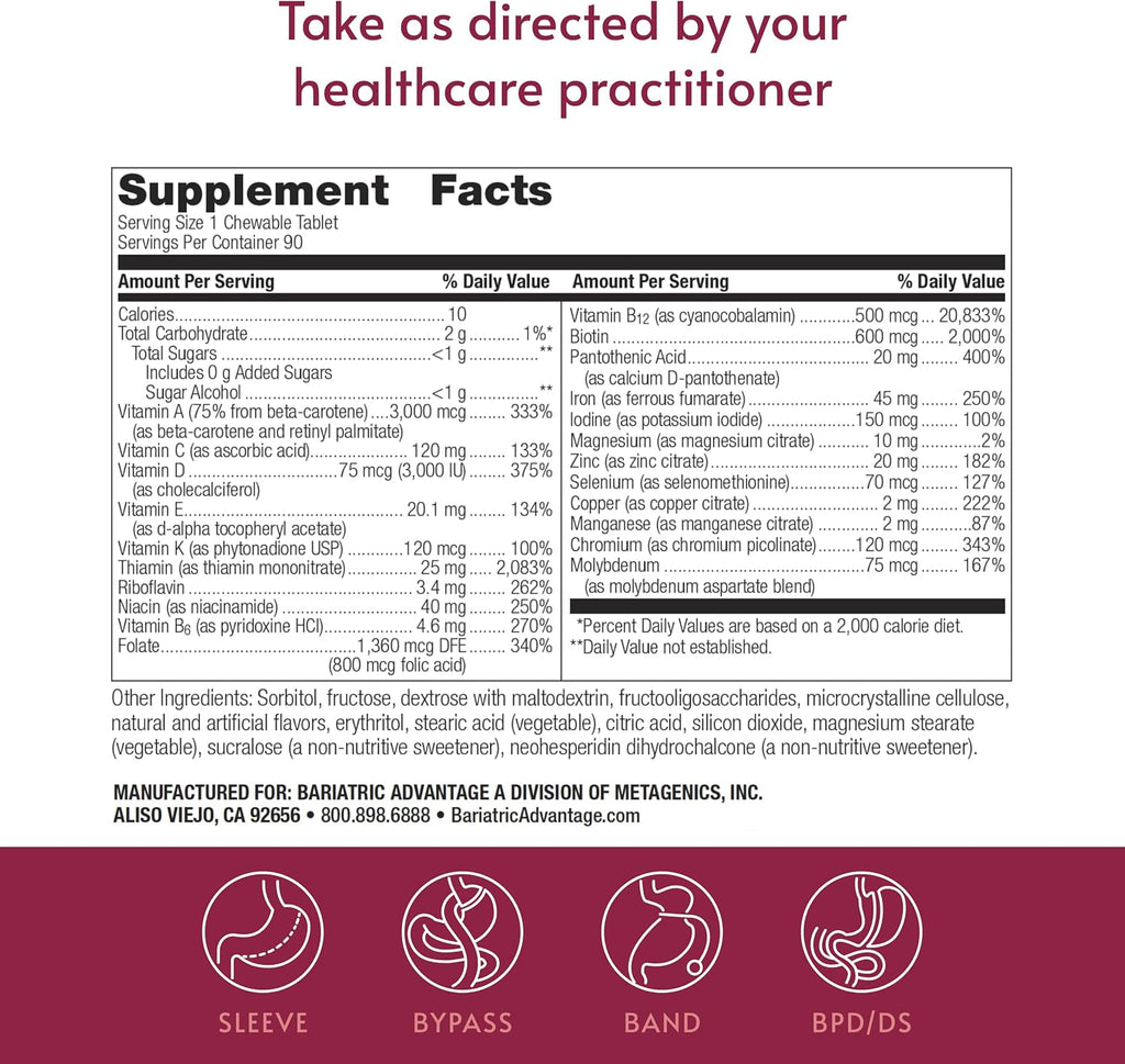 Bariatric Advantage Chewable Ultra Solo con Hierro - Multivitamínico Diario para Pacientes Bariátricos - 90 Comprimidos Masticables