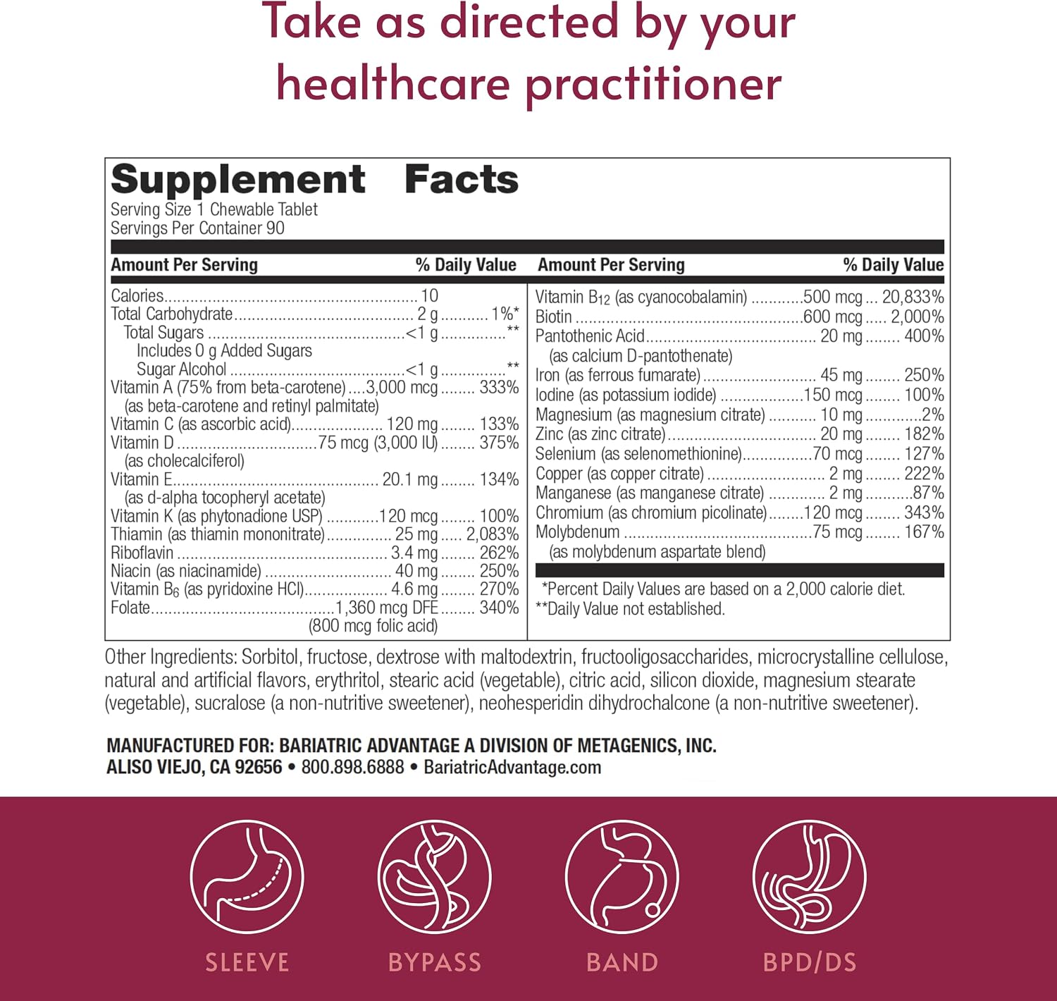 Bariatric Advantage Chewable Ultra Solo con Hierro - Multivitamínico Diario para Pacientes Bariátricos - 90 Comprimidos Masticables