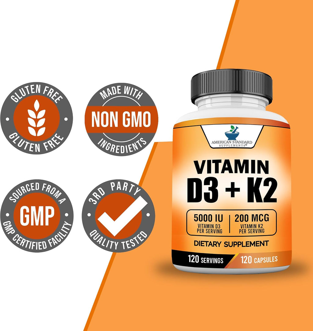 American Standard Supplements Vitamina D3 5000 IU + K2 (MK7) 200 mcg, 120 Cápsulas - Sin Gluten, No GMO, 120 Días