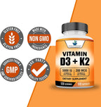 American Standard Supplements Vitamina D3 5000 IU + K2 (MK7) 200 mcg, 120 Cápsulas - Sin Gluten, No GMO, 120 Días