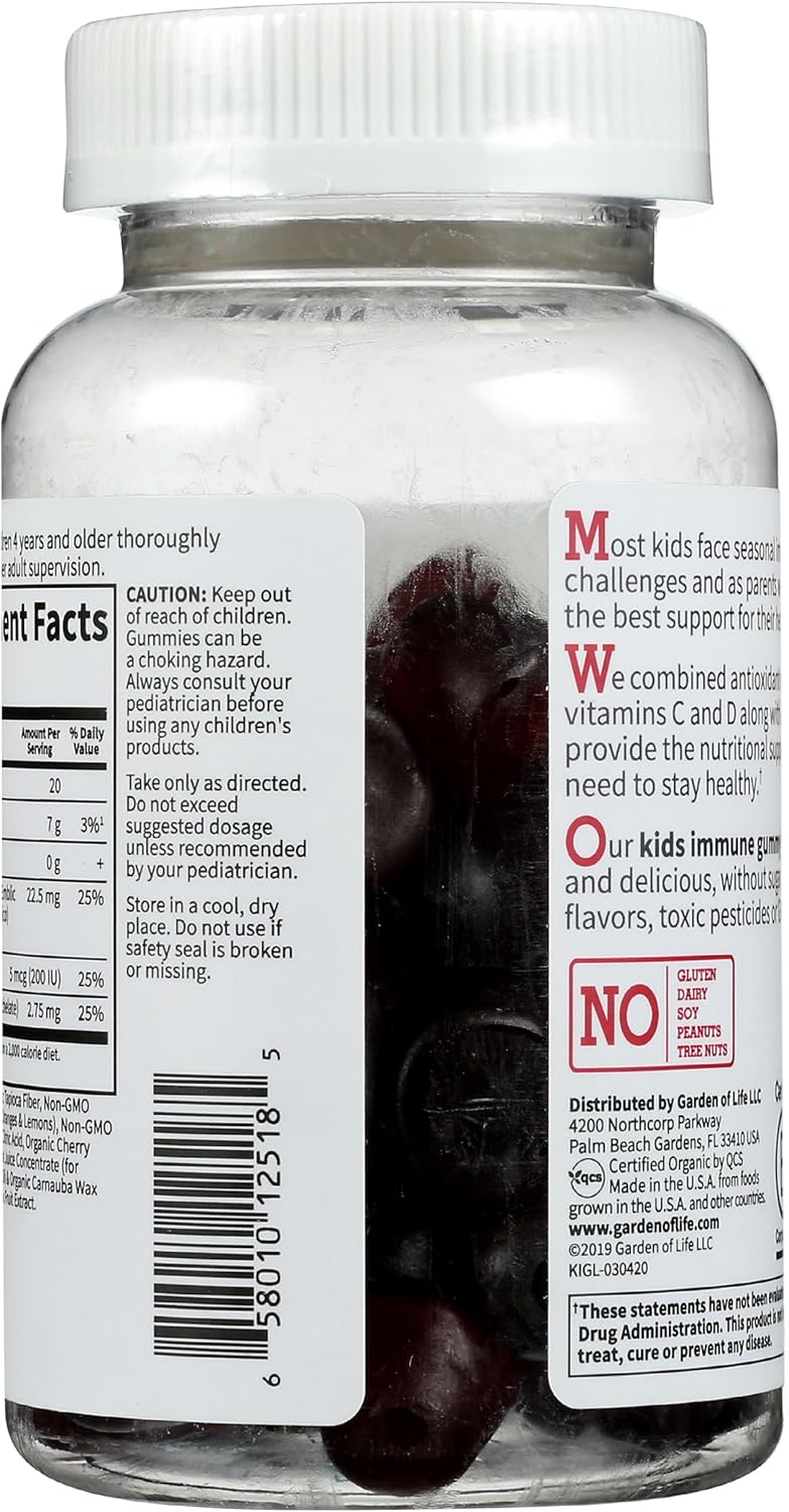 Garden of Life Kids Immune Support Gummies - Apoyo Inmunitario Infantil con Vitamina C, D3 y Zinc, Orgánico, Sin Gluten, Sin Azúcar, Sabor Cereza, 30 Días