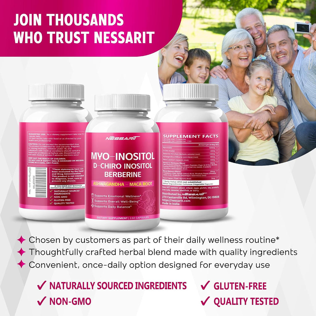 NESSARIT Myo-Inositol, D-Chiro Inositol, Berberina, Ashwagandha y Maca – 150 Cápsulas