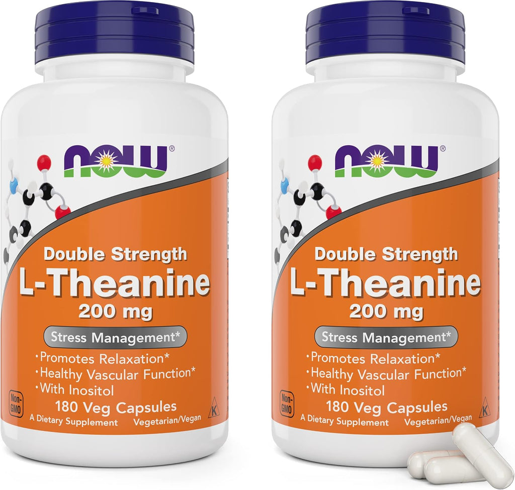 NOW Foods L-Theanina, Doble Concentración 200 mg por Cápsula con Inositol - 180 Cápsulas Vegetales (Pack de 2)
