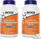 NOW Foods L-Theanina, Doble Concentración 200 mg por Cápsula con Inositol - 180 Cápsulas Vegetales (Pack de 2)