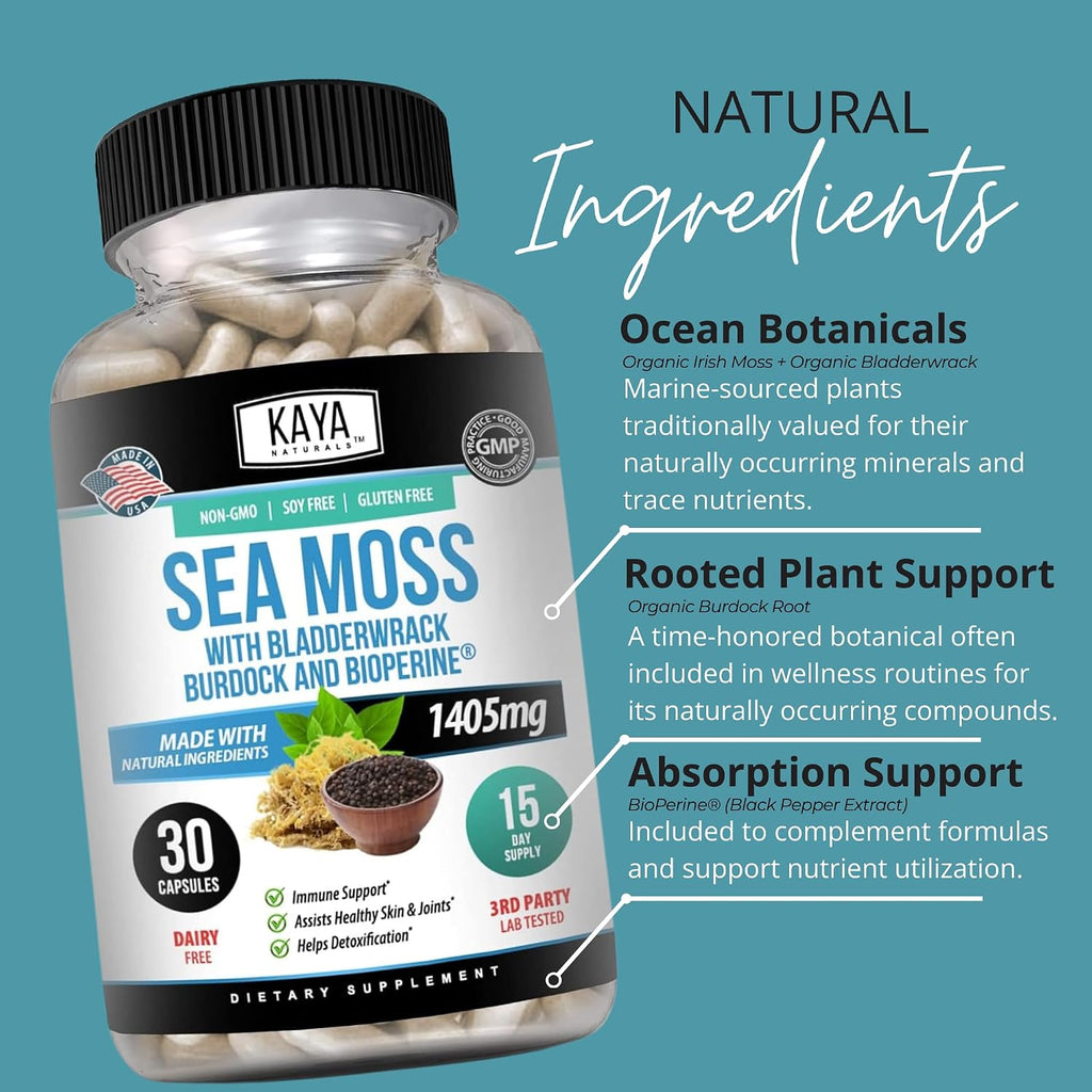 Kaya Naturals Sea Moss - Suplemento de Movilidad para Hombres y Mujeres, 30 Cápsulas