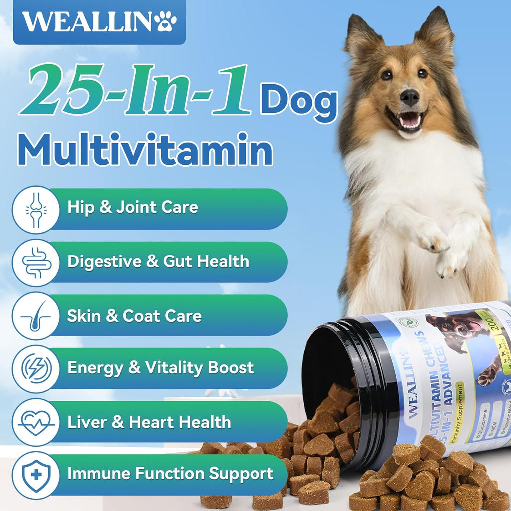 Multivitamínico para Perros 25 en 1 con Glucosamina, Probióticos y Omega-3 – 200 Comprimidos Masticables