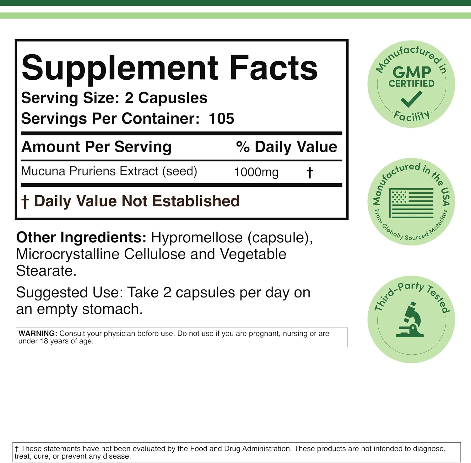 Cápsulas de Extracto de Mucuna Pruriens - 1000 mg por ración, 20% L-Dopa - 210 Cápsulas