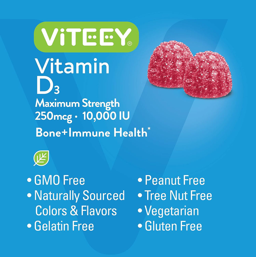 Viteey Vitamin D3 Gummies - 10.000 UI (250 mcg) - 120 Gominolas para Adultos y Jóvenes