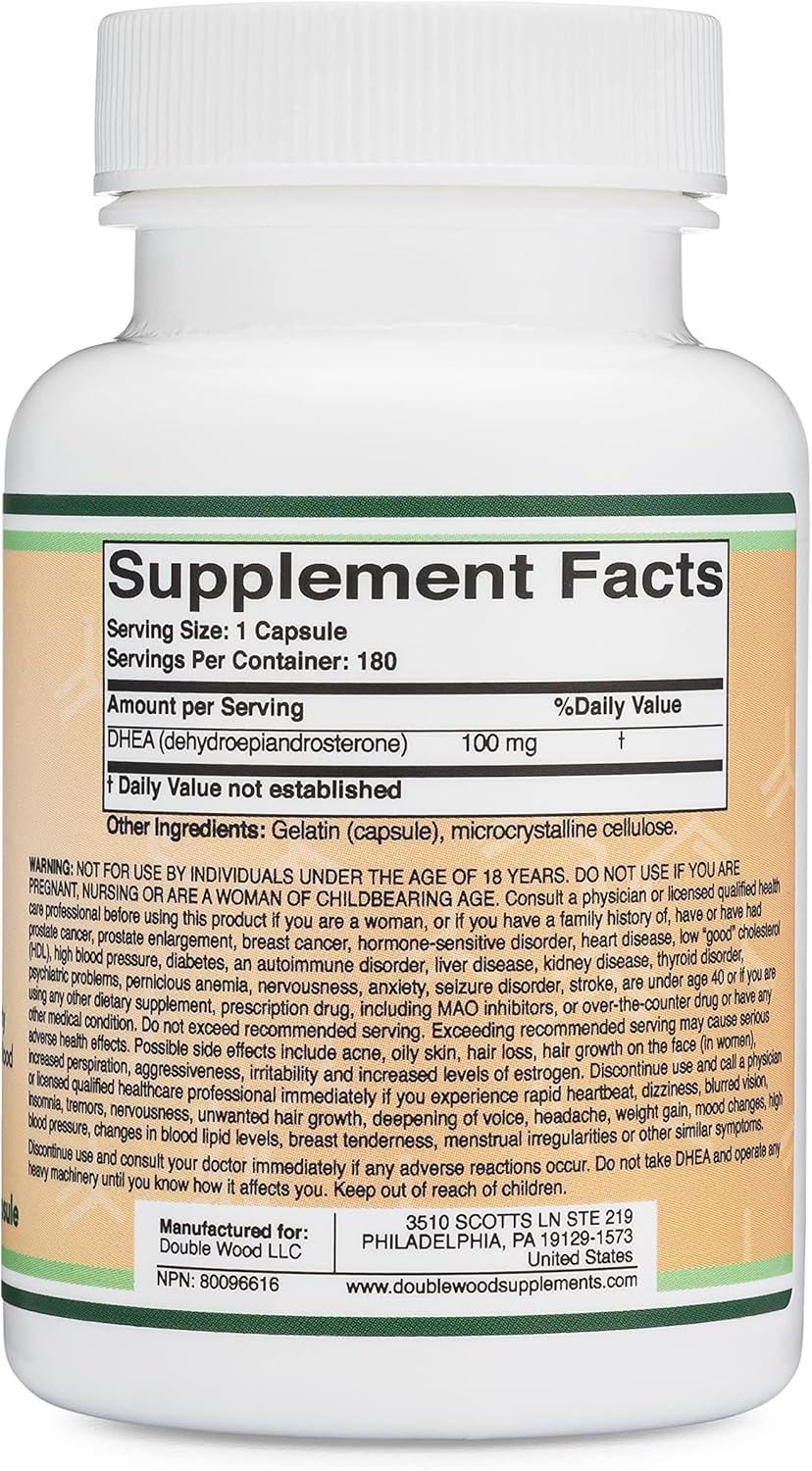 DHEA 100mg | 180 Cápsulas | Suministro para 6 Meses | Probado por Terceros | Equilibrio Hormonal y Envejecimiento Saludable by Double Wood