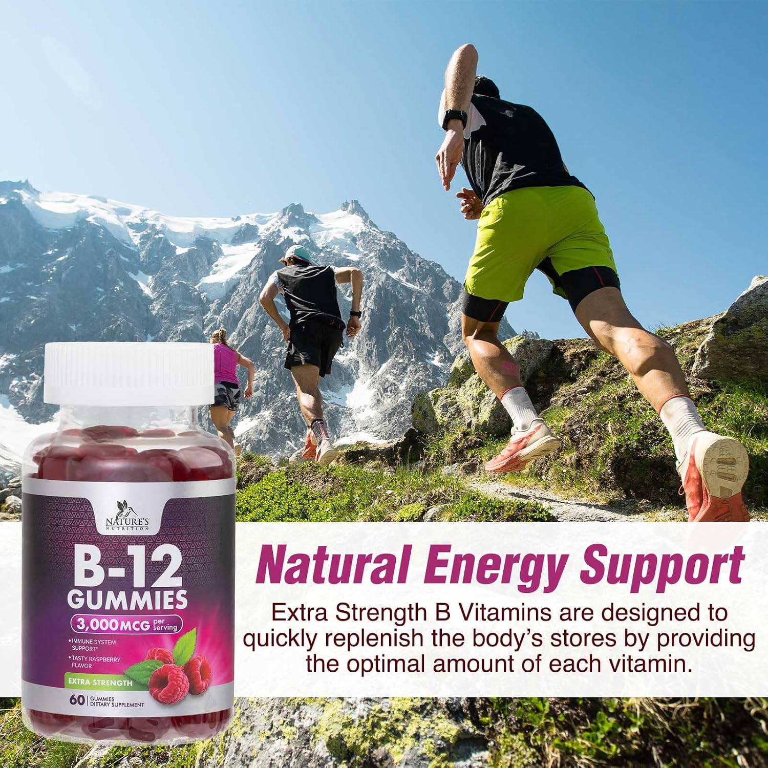 Gominolas de Vitamina B12 3000 mcg - Extra Fuerza, Sabor a Bayas, 60 Unidades