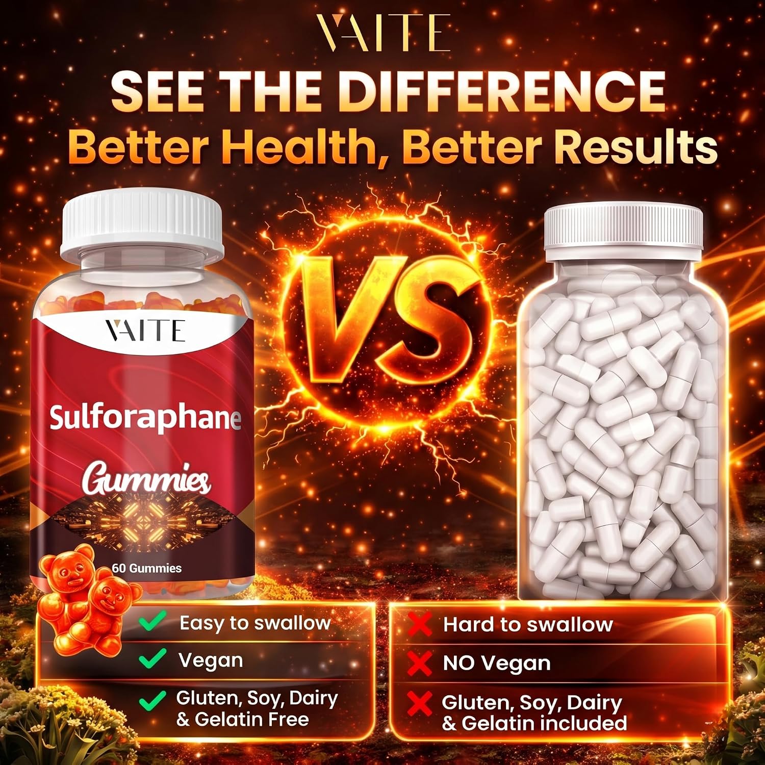 Sulforaphane Glucosinolate Supplement 100mg – Gominolas de Extracto de Semilla de Brócoli, Apoyo Antioxidante, Bienestar General, Energía, Apoyo Inmunitario, No Transgénico, Sin Gluten, para Hombres y Mujeres, 60 Gominolas