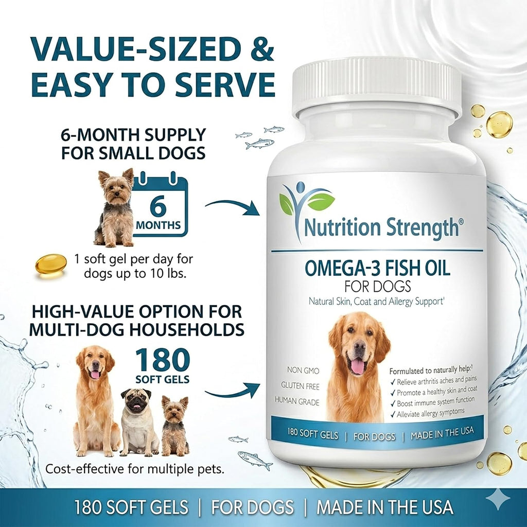 Omega 3 para Perros - Cápsulas de Aceite de Pescado con Alto EPA y DHA - Apoyo para Piel, Articulaciones y Salud General - 180 Cápsulas - Nutrition Strength