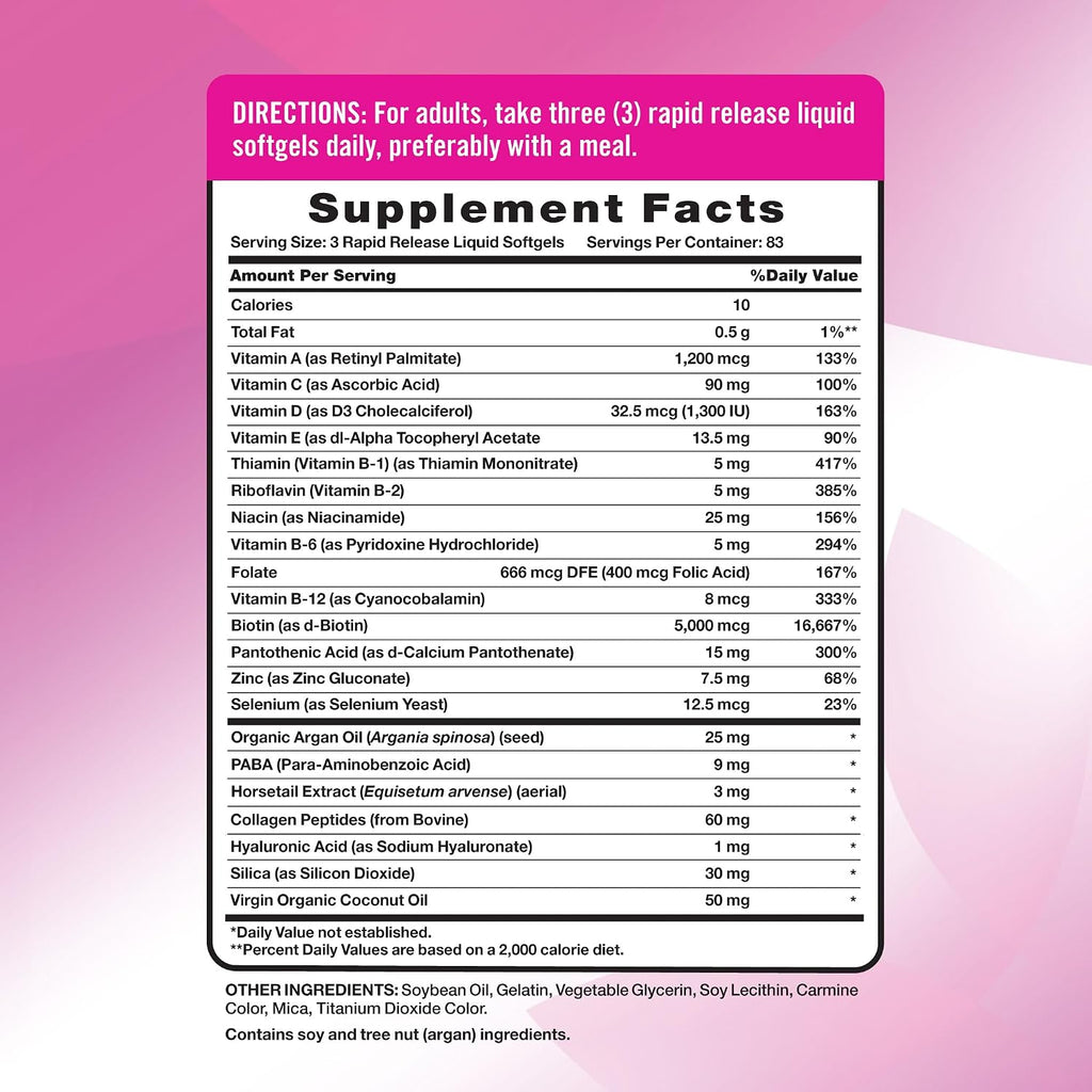 Nature's Truth Vitaminas para Cabello, Piel y Uñas | 5000mcg | 250 Cápsulas Blandas | Colágeno, Biotina y Aceite de Coco | Sin Gluten y No OGM
