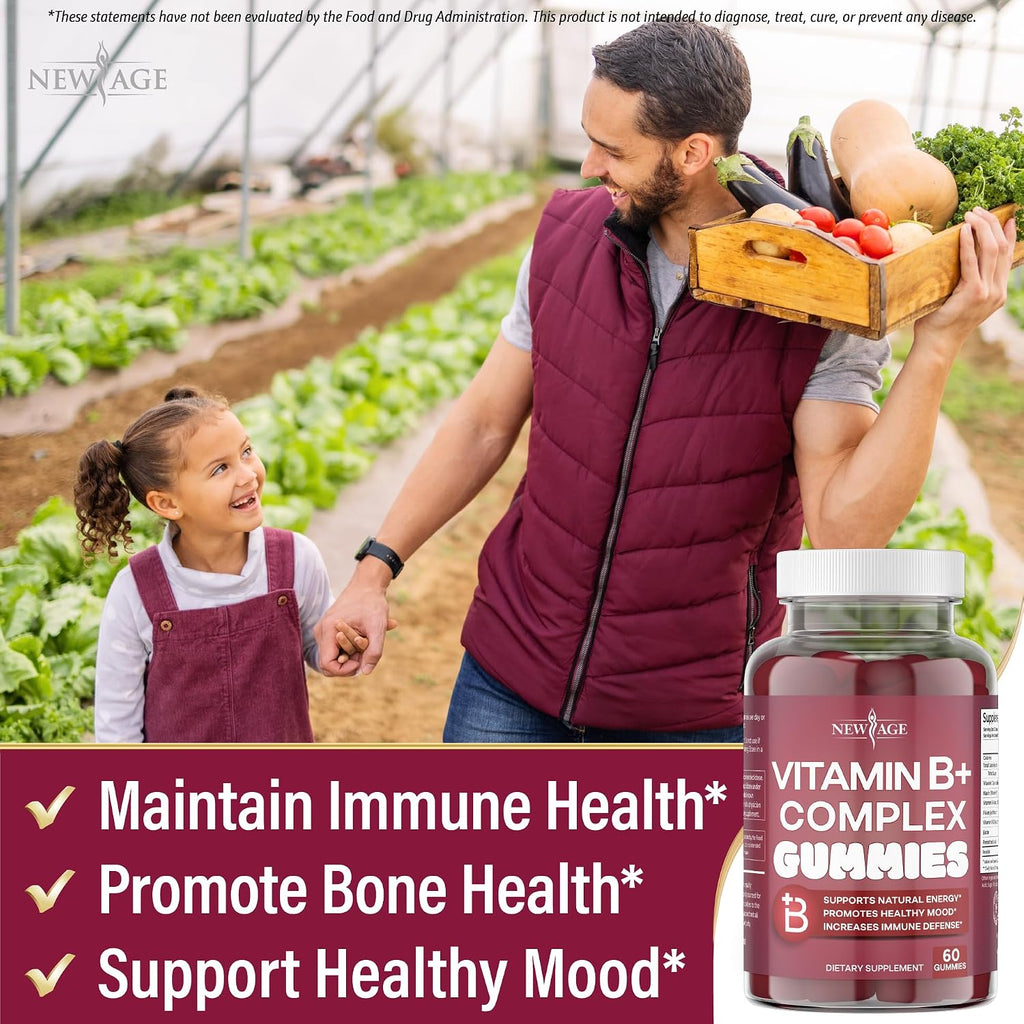 NEW AGE Complejo B en Gominolas con Vitamina B3, B6 y B12 – con Biotina, Ácido Fólico y Vitamina C – Sin Gluten, Vegano, Fabricado en EE. UU. (180 unidades, pack de 3)
