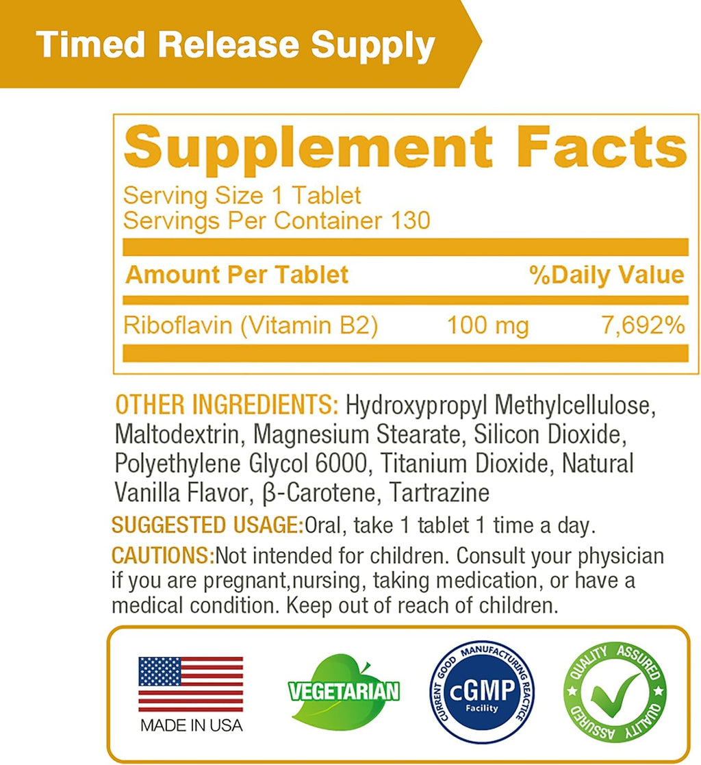 LOVITA Vitamina B2 (Riboflavina) 100 mg, Liberación Sostenida 8 Horas, 130 Comprimidos Veganos
