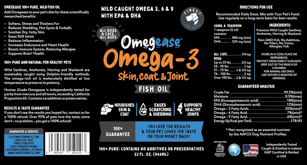 100% Pure Fish Oil for Dogs & Cats (1.545 mg Omega 3 por Cucharadita) 946 ml - Omegease