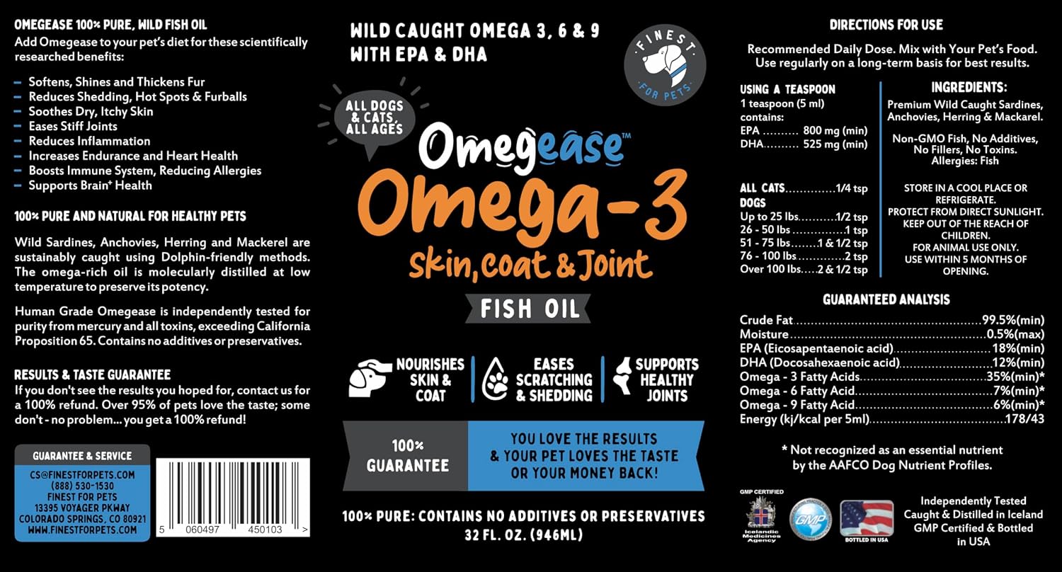 100% Pure Fish Oil for Dogs & Cats (1.545 mg Omega 3 por Cucharadita) 946 ml - Omegease