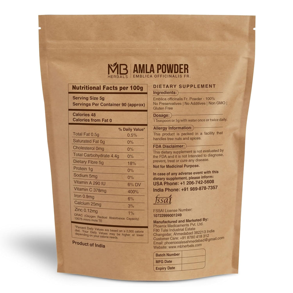 MB Herbals Polvo de Amla Deshuesado 454 g (1 lb) | Pulpa de Amla Silvestre, Sin Semillas | Amalaki (Grosella India) de Alta Calidad