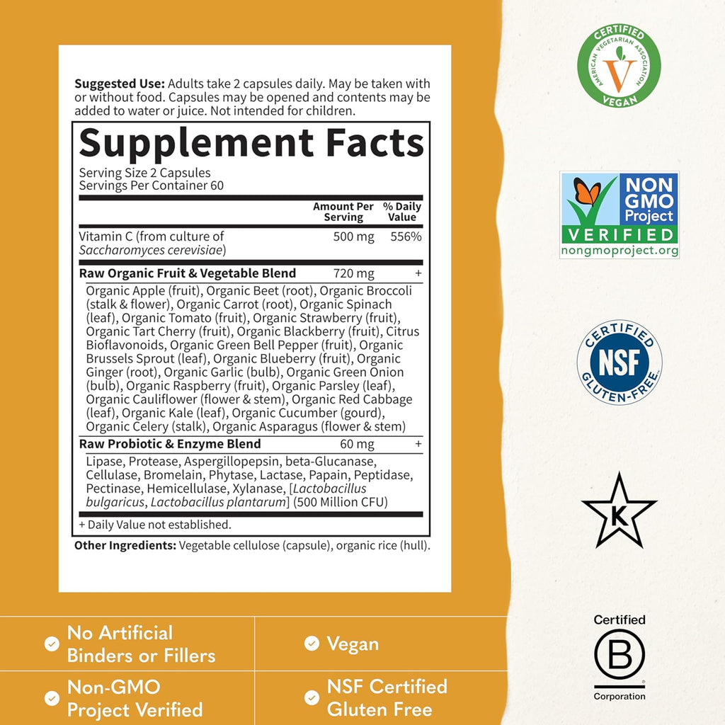 Garden of Life Vitamin Code Raw Vitamin C - 120 Cápsulas, 500mg de Vitamina C de Alimentos Integrales con Mezcla de Frutas y Verduras y Probióticos