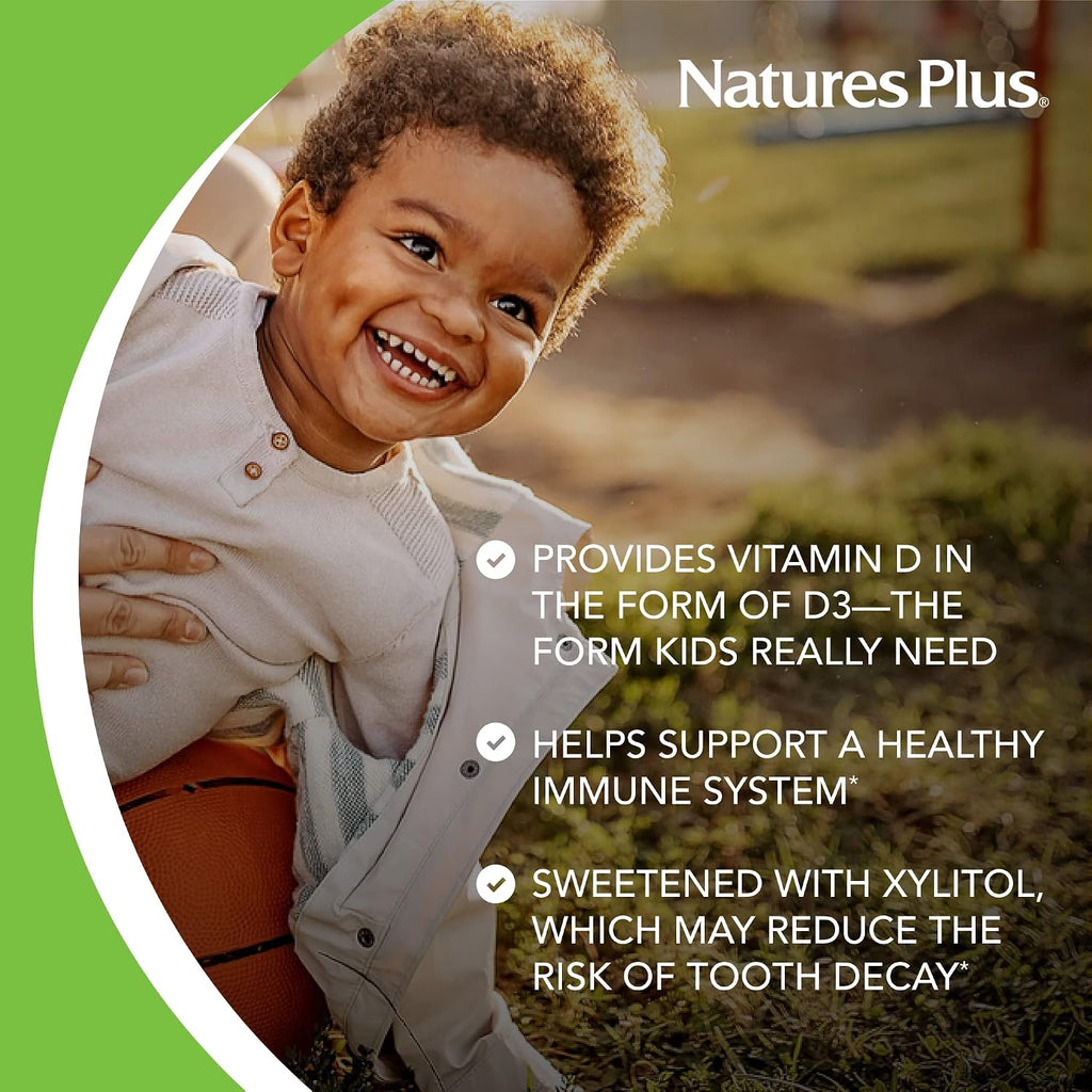 Natures Plus Animal Parade Vitamina D3 Sin Azúcar para Niños - 500 UI - Sabor Cereza Negra - 90 Comprimidos Masticables con Forma de Animal